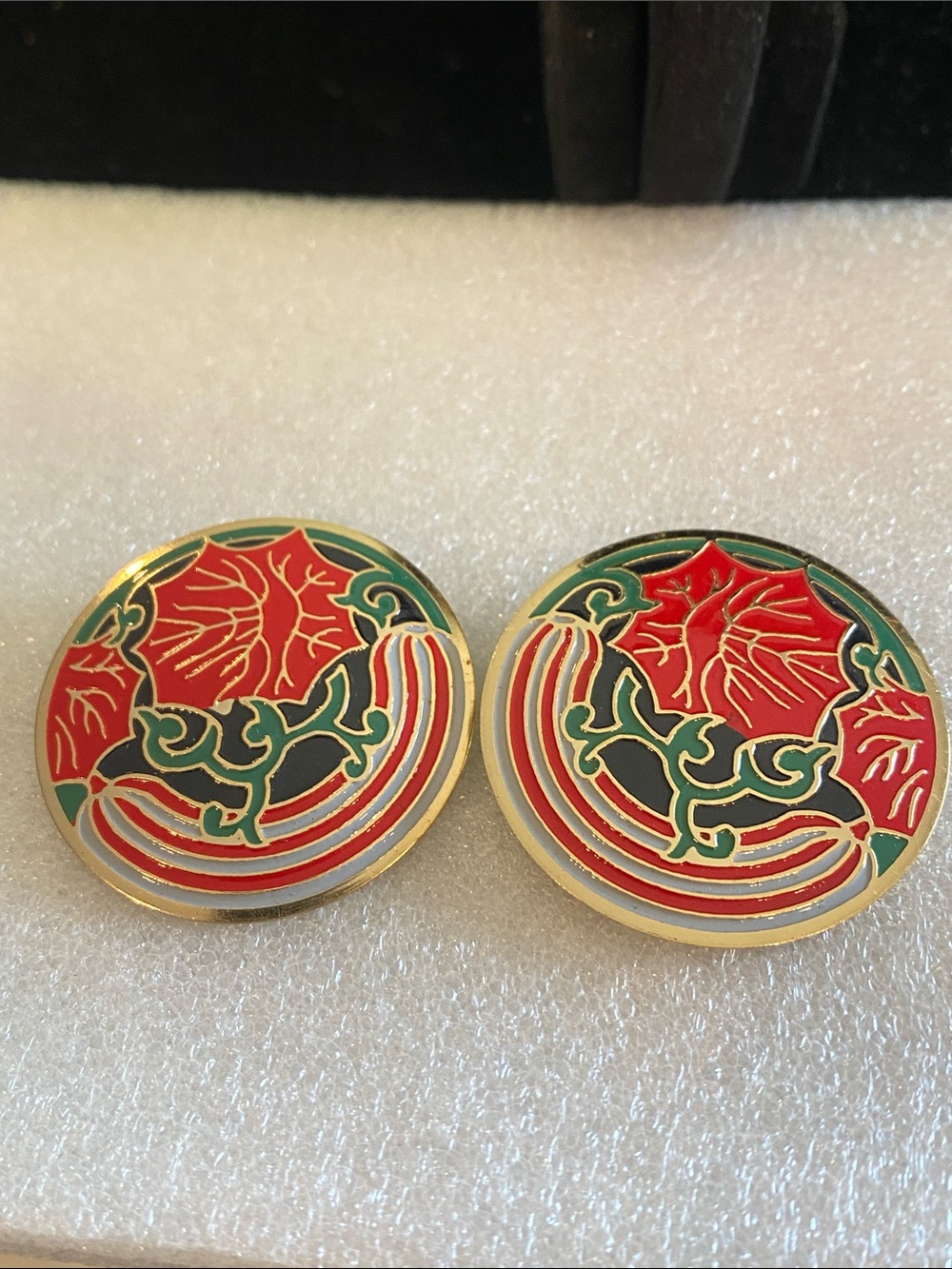 Vintage Cloisonné Round Red & Green Enamel Earrings Bold